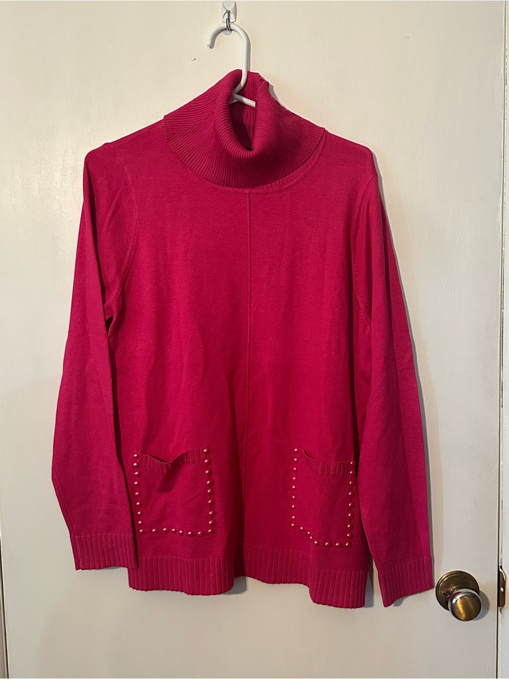 Alison Sheri Mock Neck Sweater with Pearl-Trim Pockets (Style A46090)